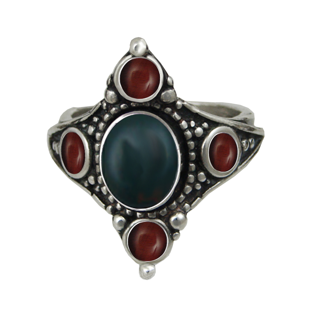 Sterling Silver Renaissance Queen's Ring With Bloodstone And Red Tiger Eye Size 9
